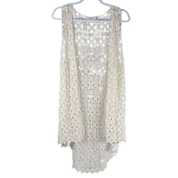 Adora Cream Sheer Crochet Lace Hi-Low Midi Open Front Boho Vest Women’s Size S/M - Picture 2 of 9